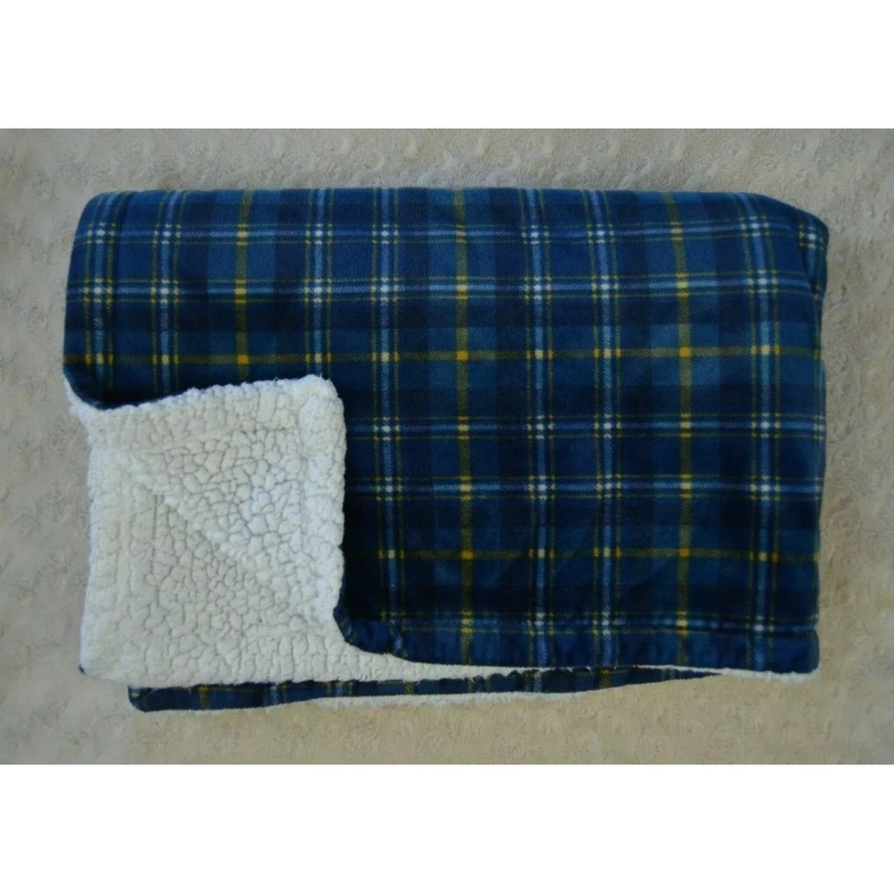 SL Home Fashions Blue Plaid Baby Blanket Golden Yellow White Sherpa S.L.